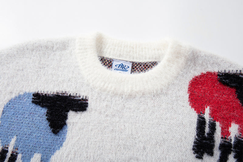 Colorful Sheep Jacquard Crew Neck Sweater – Relaxed Fit Knit