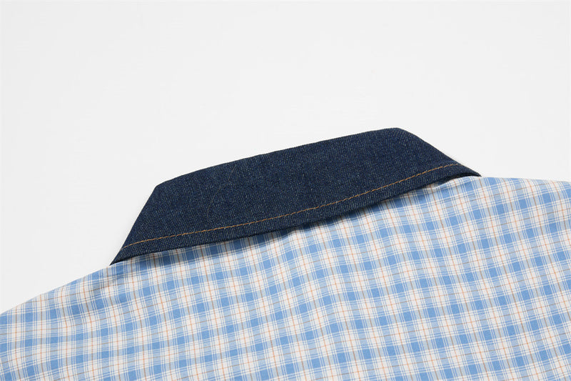 Chemise homme boutonnée à manches longues – Carreaux et empiècements en jean brodés cartoon