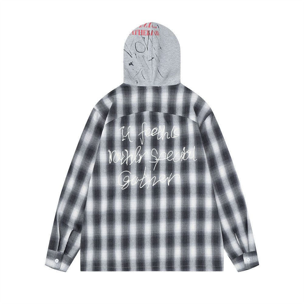 Plaid Hooded Shirt Men's Oversized Long Sleeve with Embroidered Graphic