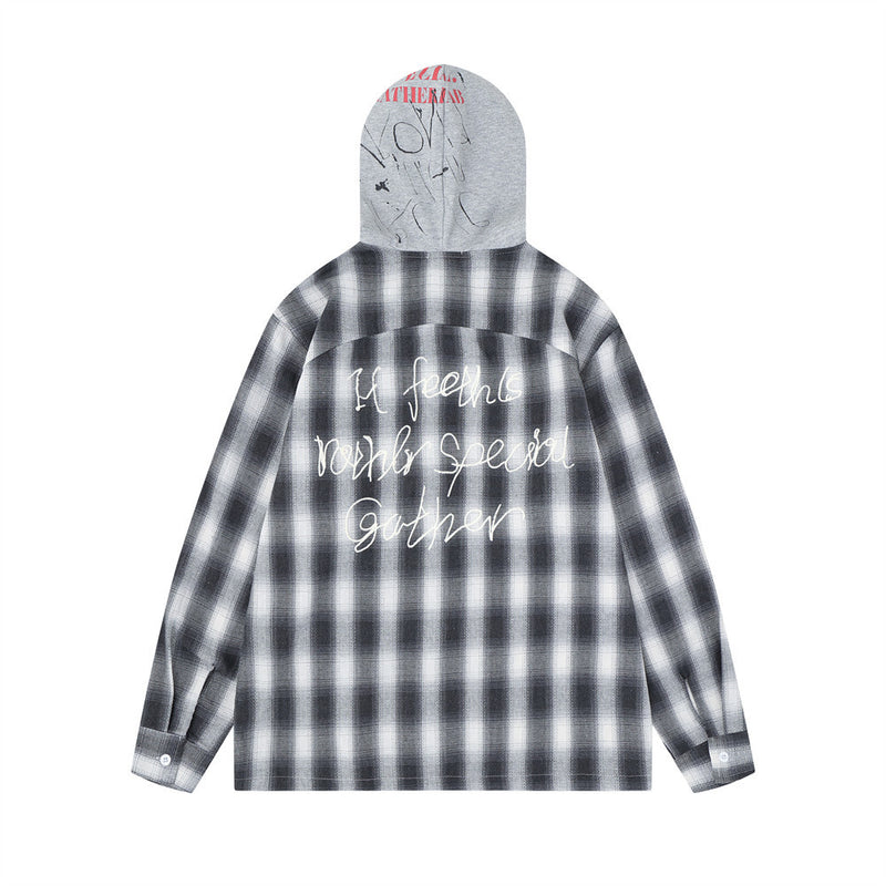 Plaid Hooded Shirt Men's Oversized Long Sleeve with Embroidered Graphic