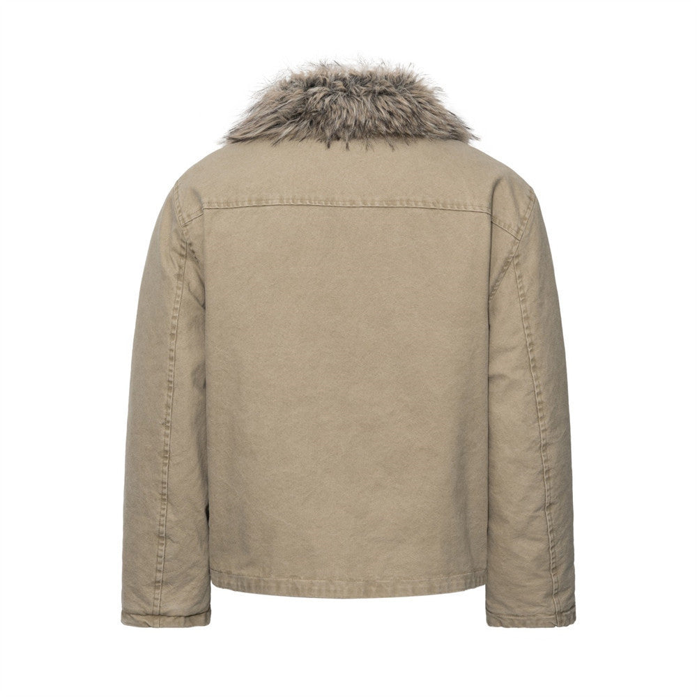 Men's Padded Canvas Jacket with Faux Fur Collar & Metal Toggle Closures
