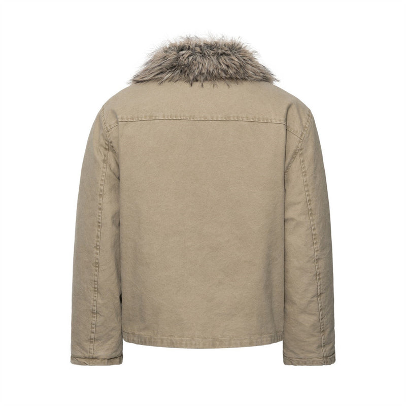 Men's Padded Canvas Jacket with Faux Fur Collar & Metal Toggle Closures