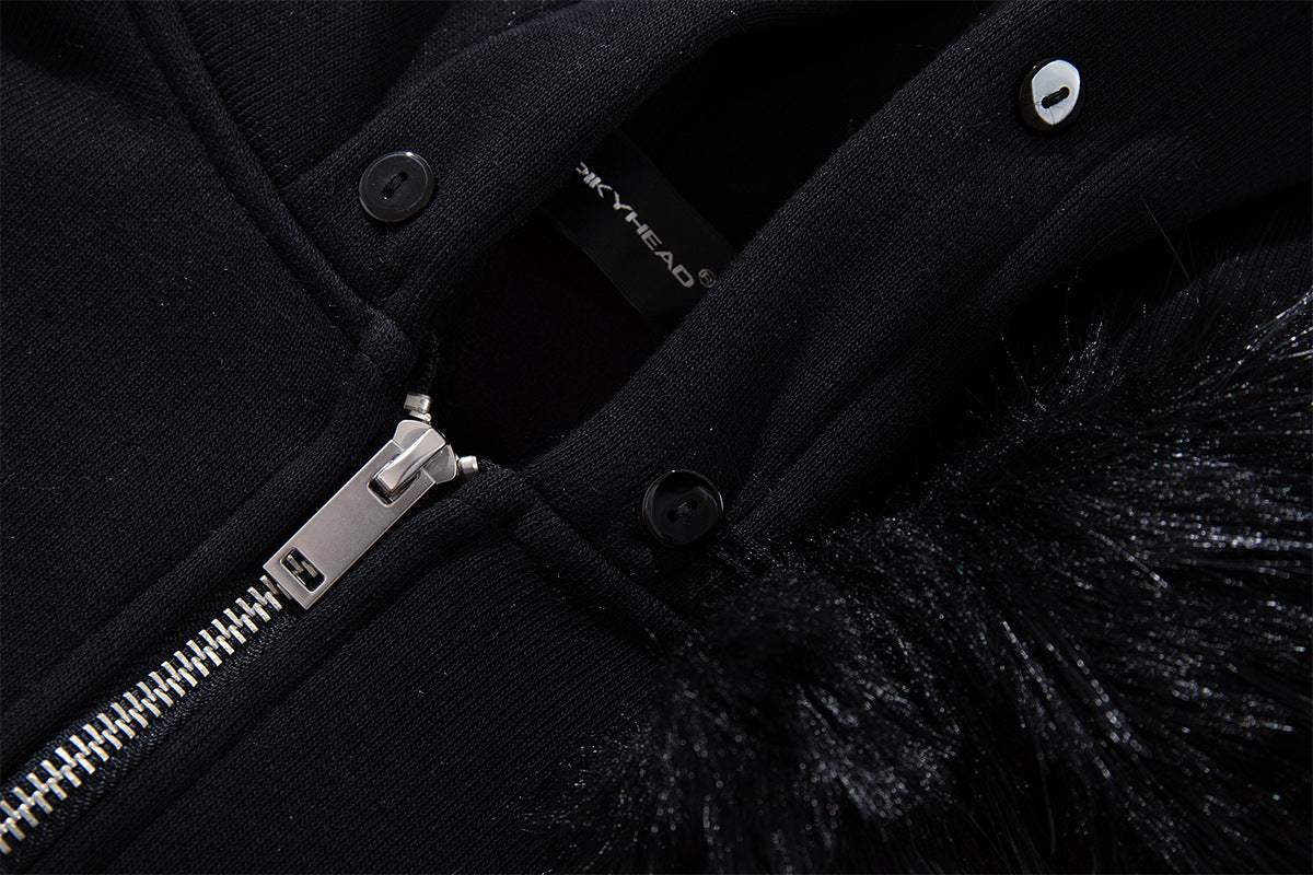 Black Zip-Up Hoodie with Faux Fur Hood & Silver Cross Studs