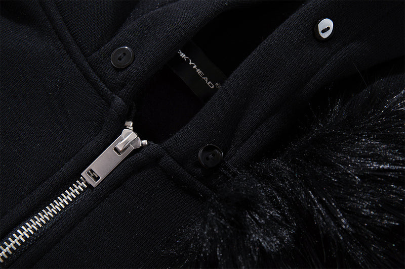 Black Zip-Up Hoodie with Faux Fur Hood & Silver Cross Studs