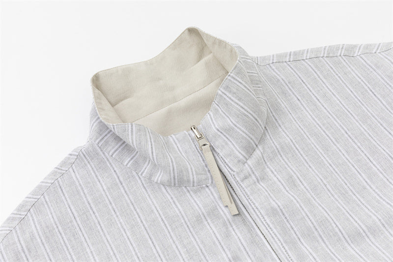 Reversible Stand Collar Zip Jacket – Cream & Pinstripe Oversized Fit