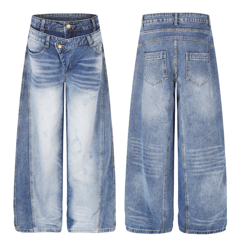 Jean homme à jambe large – Denim délavé à double ceinture, pantalon droit