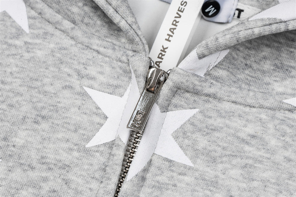 Star Print Zip-Up Hoodie with Striped Raglan Sleeves – Oversized Streetwear