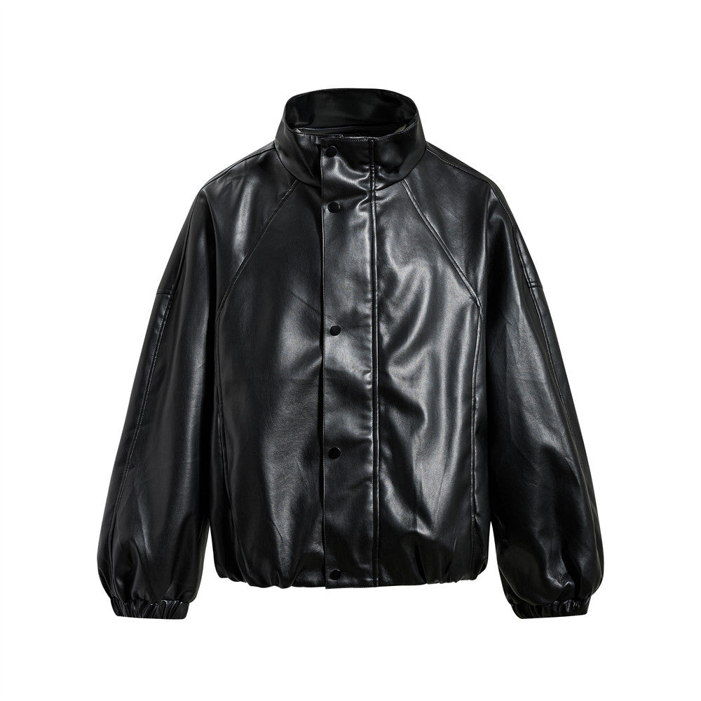 Veste oversize pour homme en similicuir noir (PU), avec col montant, fermeture à boutons-pression et poignets élastiqués