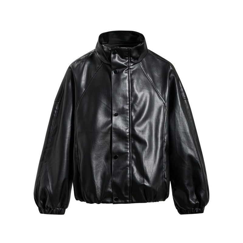 Veste oversize pour homme en similicuir noir (PU), avec col montant, fermeture à boutons-pression et poignets élastiqués