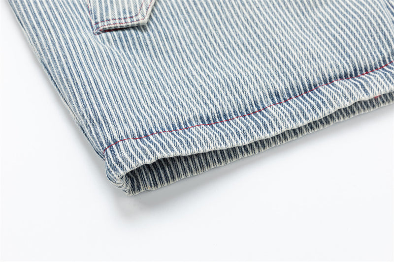 Hickory Stripe Denim Zip Jacket – Men's Workwear-Inspired Drawstring Hem Coat