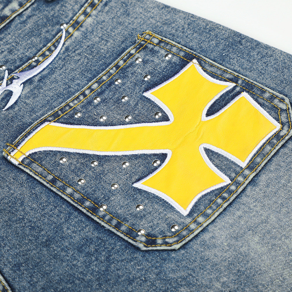 Wide-Leg Baggy Jeans with Cross Pocket Embroidery & Washed Distressed Finish