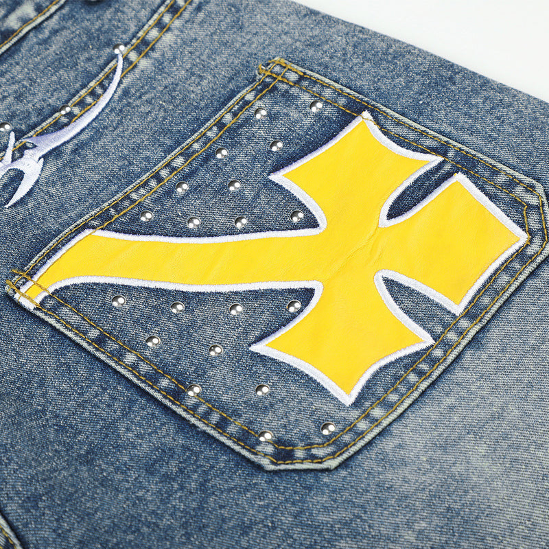 Wide-Leg Baggy Jeans with Cross Pocket Embroidery & Washed Distressed Finish