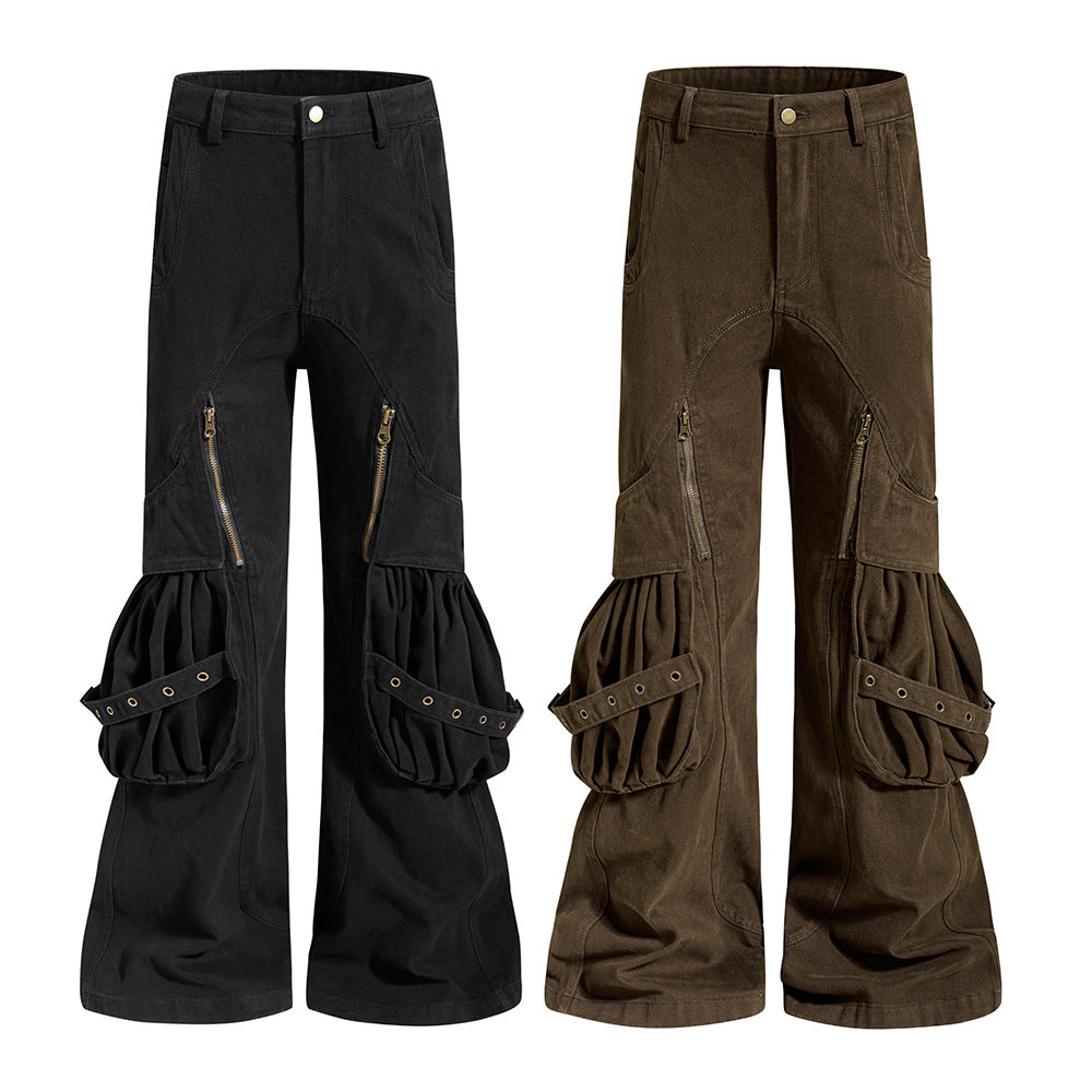 Men's Deconstructed Flare Cargo Pants with Ruched Pockets & Zip Detail