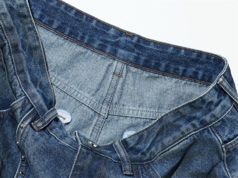 Straight Leg Jeans Mens Wide-Leg Punk Washed Denim with Rivet Pocket Detail