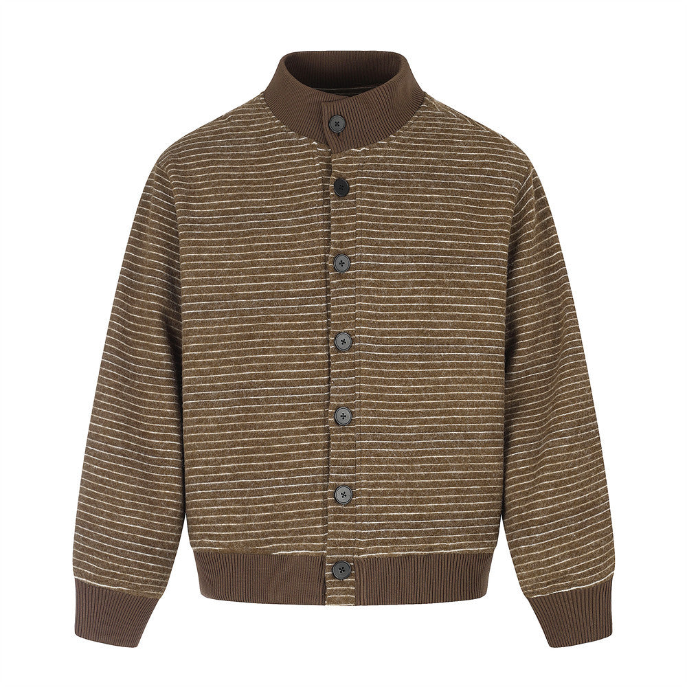 Striped Stand-Collar Bomber Jacket – Relaxed Fit Button-Front Outerwear