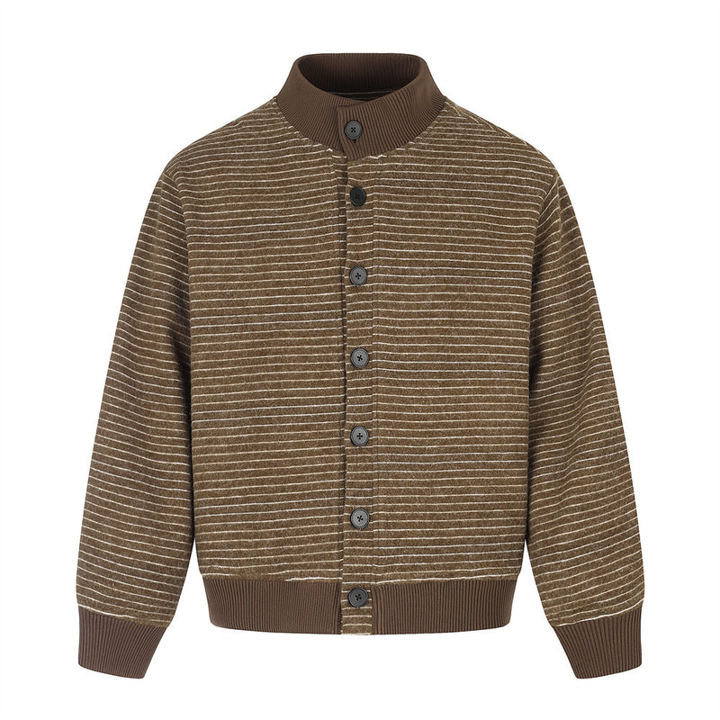 Striped Stand-Collar Bomber Jacket – Relaxed Fit Button-Front Outerwear