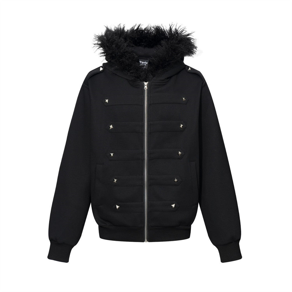 Sweat à capuche oversize noir zippé, bordure de col en fausse fourrure et clous pyramidaux métalliques argentés sur les empiècements avant