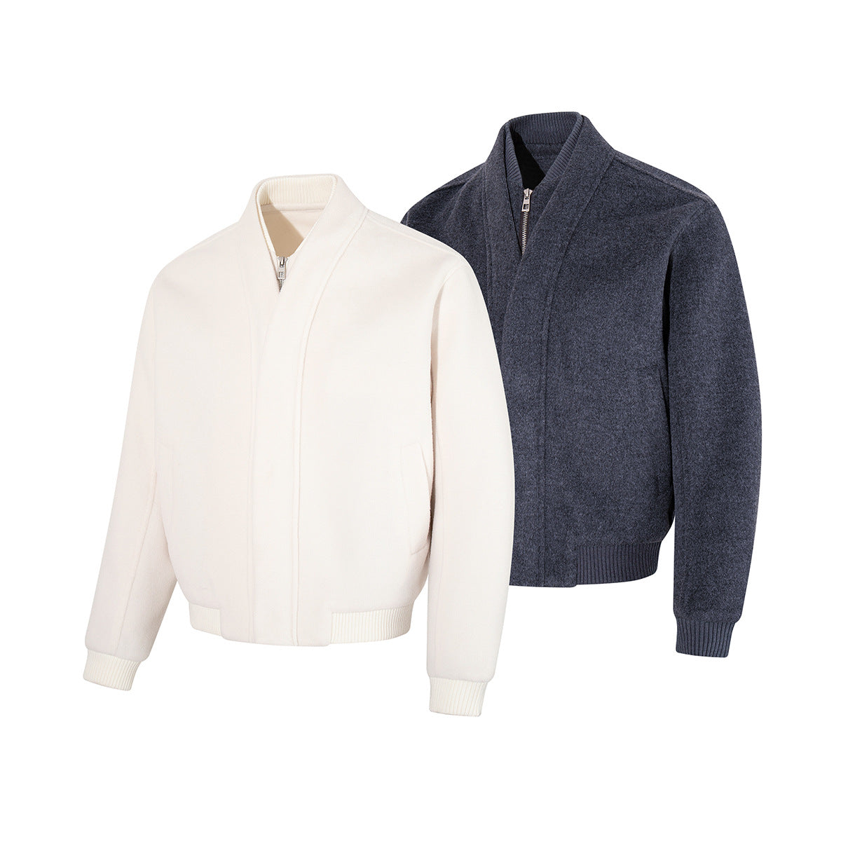 Wool Blend Bomber Jacket – Double-Layer Collar, Zip-Up Men's Coat
