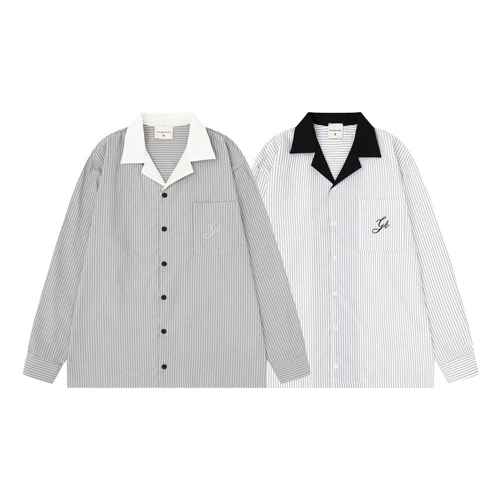 Two striped long sleeve shirts with contrast Cuban collars, shown front view in gray and white