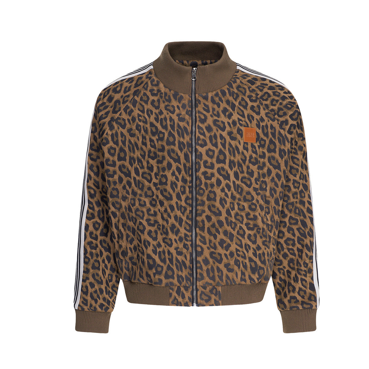 Leopard Print Track Jacket – Mock Neck Full-Zip Varsity Style