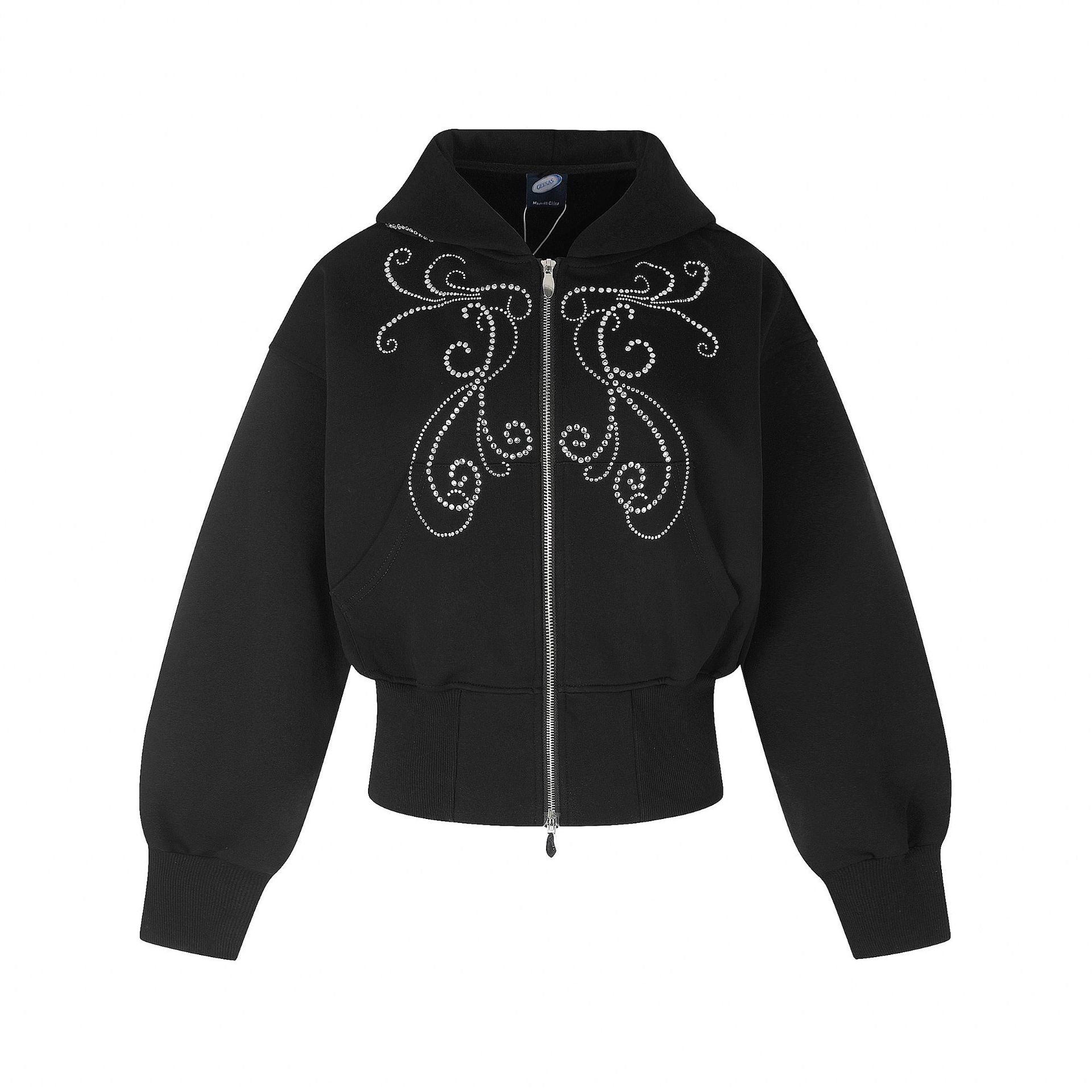 Sweat à capuche zippé court noir avec ornement de volutes en strass sur la poitrine et le panneau arrière de la capuche