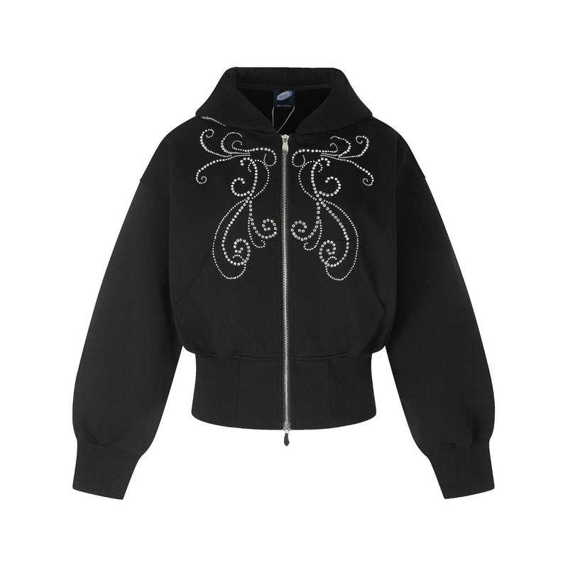 Sweat à capuche zippé court noir avec ornement de volutes en strass sur la poitrine et le panneau arrière de la capuche