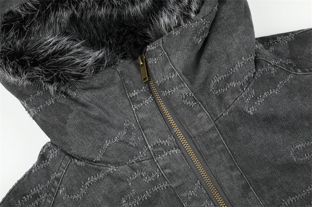 Gewaschene Denim-Pufferjacke mit Kapuze und Kunstfellbesatz – Used-Camo-Stitching