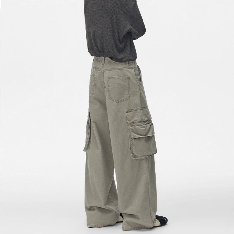 Pantalon cargo homme à jambes larges – Pantalon droit délavé à poches multiples
