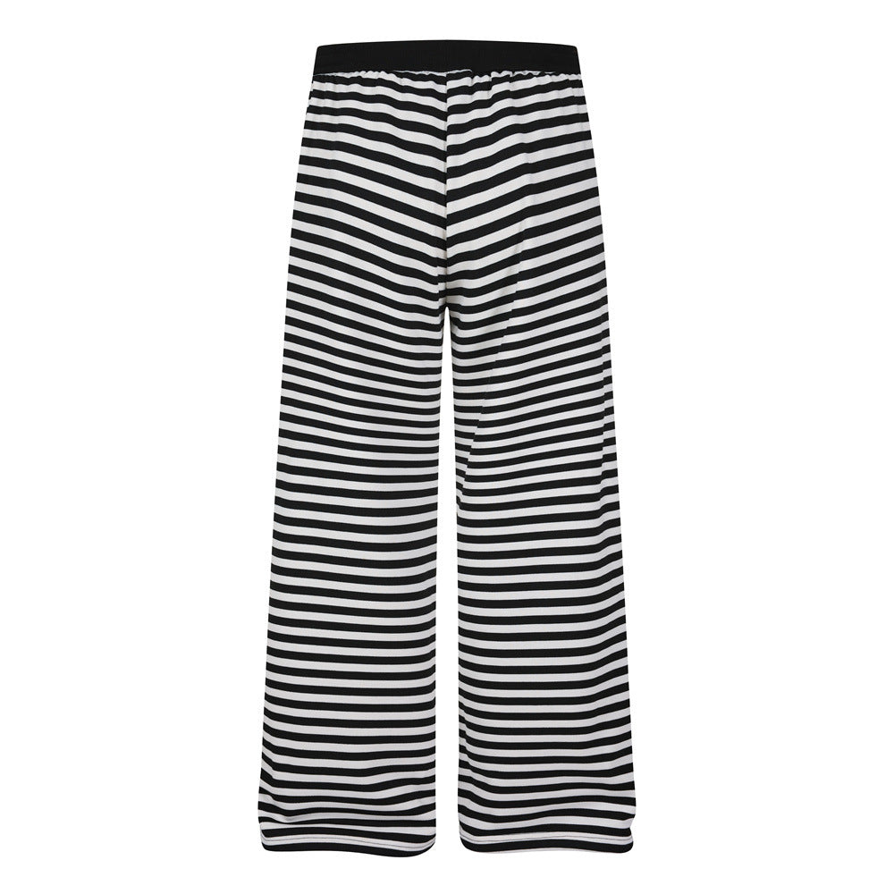 Black & White Striped Wide-Leg Pants with Drawstring Waist