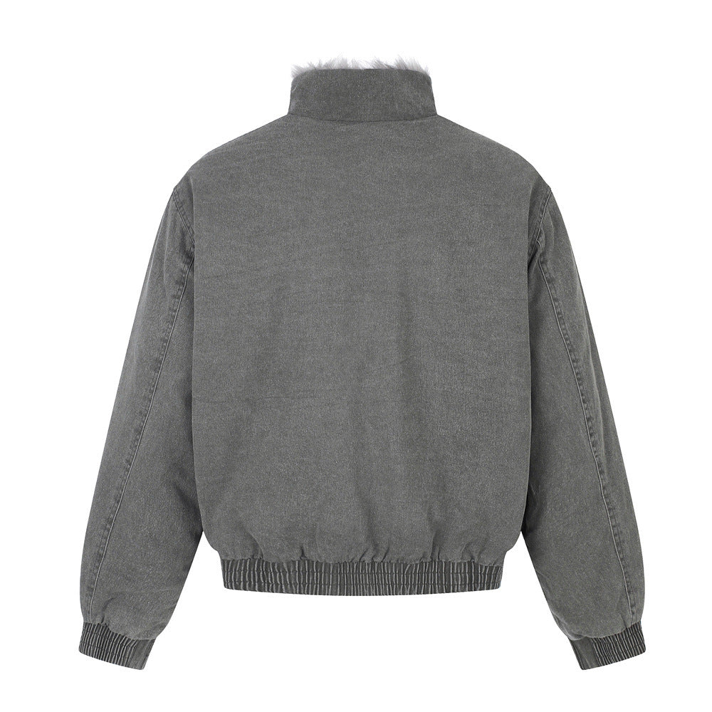 Men's Denim Jacket with Fur Lining – Washed Grey Bomber Jacket