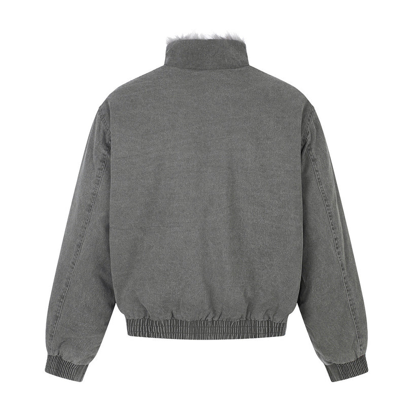 Men's Denim Jacket with Fur Lining – Washed Grey Bomber Jacket