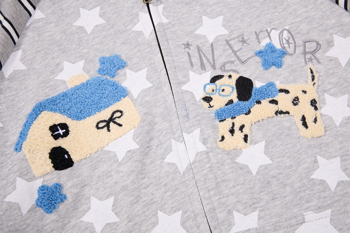 Sweat zippé à oreilles de chat – Corps à imprimé étoiles, manches raglan rayées et broderie
