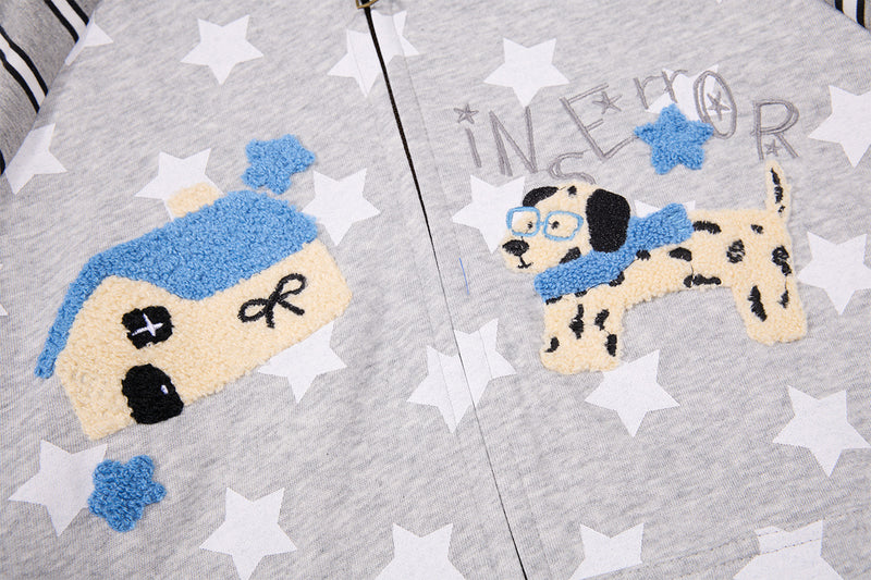 Sweat zippé à oreilles de chat – Corps à imprimé étoiles, manches raglan rayées et broderie