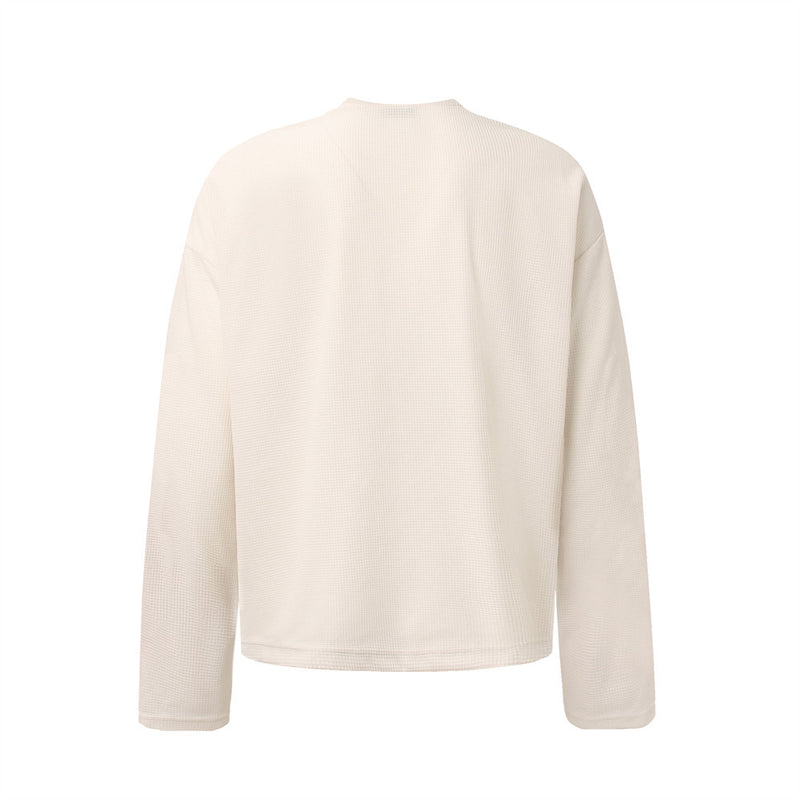 Gothic Script Print Long Sleeve Crewneck Tee – Oversized Waffle Knit Streetwear