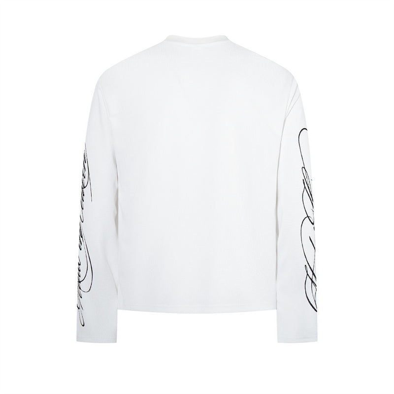 Labyrinth Double Eagle Crest Graphic Long-Sleeve Tee – White Waffle-Knit