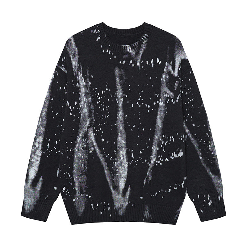 Ink-Wash-Strickpullover mit Farbspritzern und Rundhalsausschnitt – Oversized Streetwear