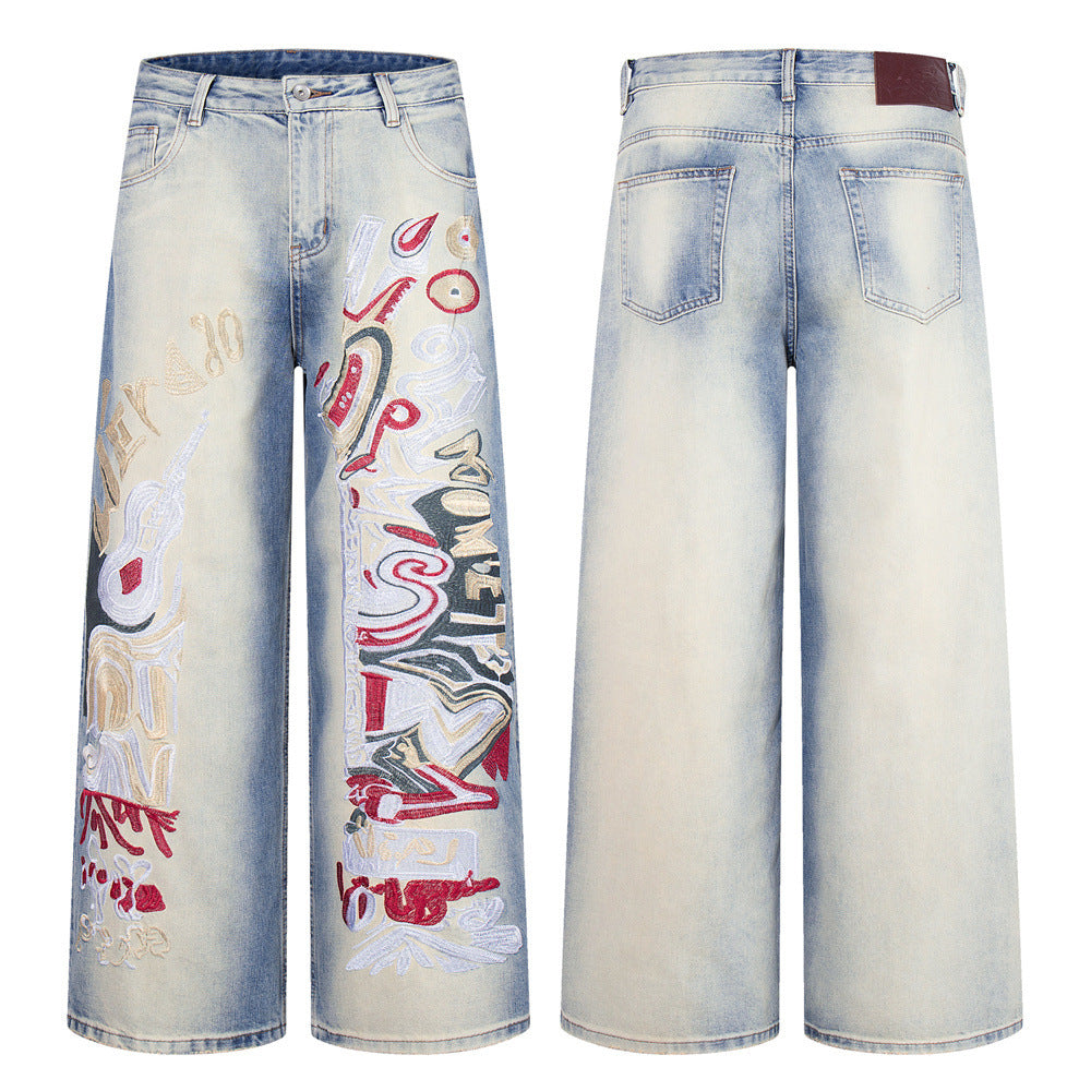 Graffiti Embroidered Wide-Leg Jeans – Punk Distressed Vintage Denim