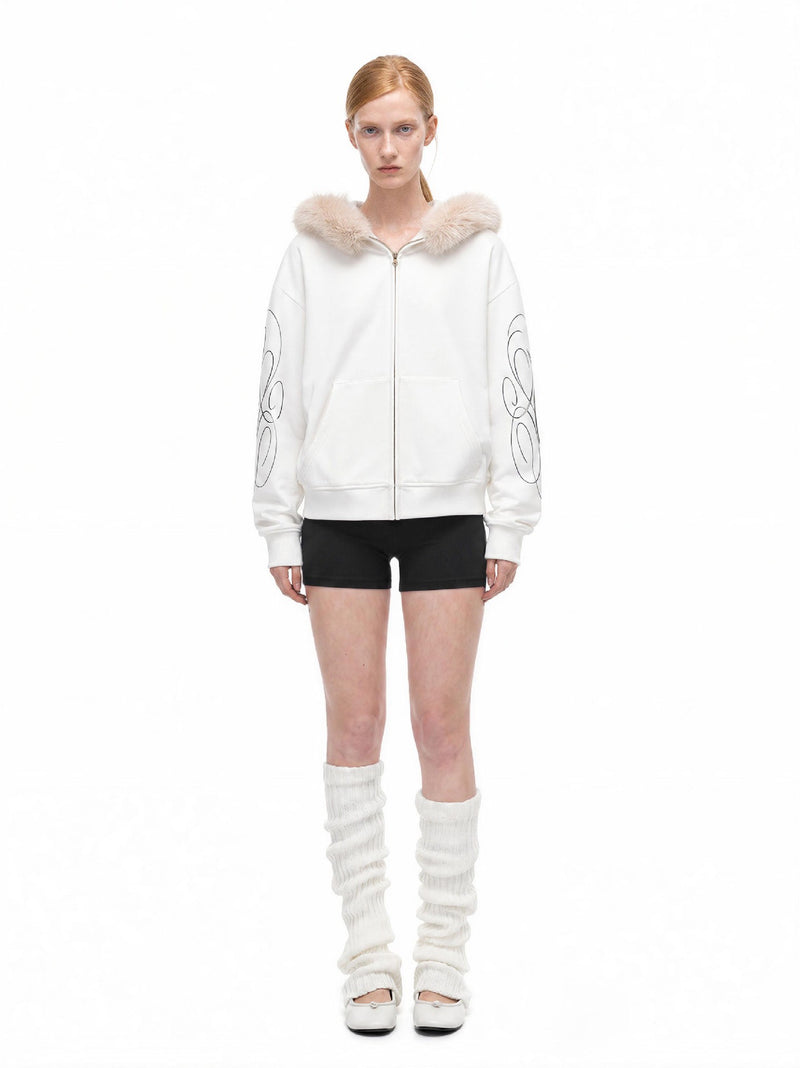 Sweat à capuche zippé avec bordure en fausse fourrure et imprimé script sur les manches