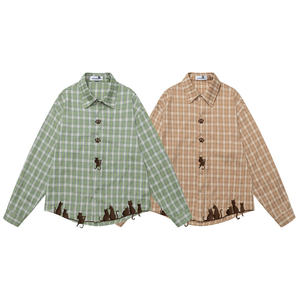 Grünes Karohemd für Herren mit Katzenstickerei – Oversized, Langarm, Button-down