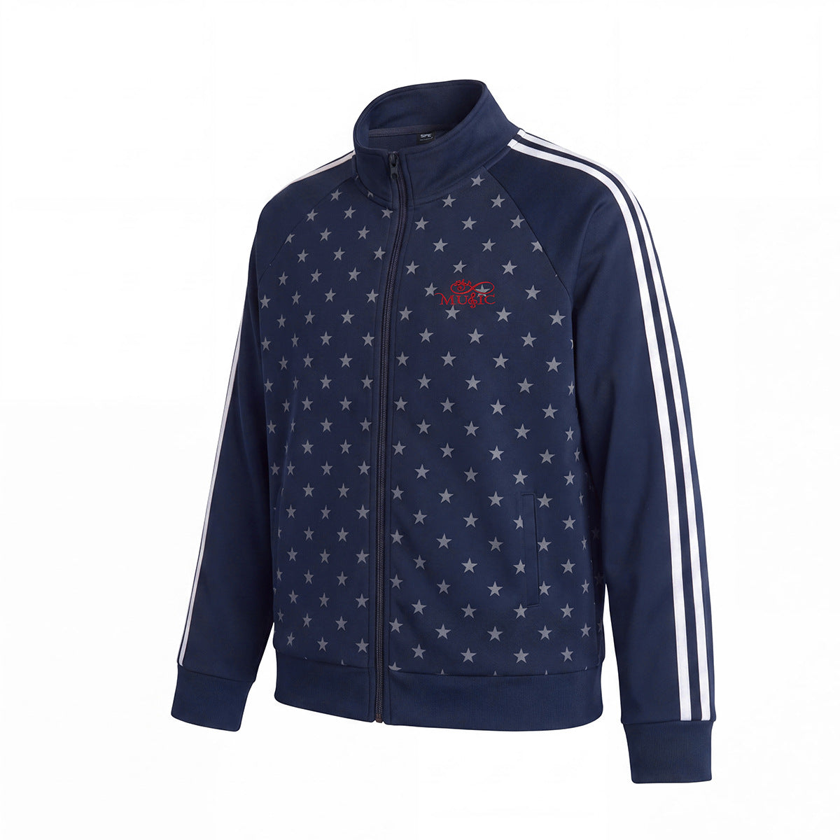 Chaqueta Deportiva con Estrellas – Cremallera Completa, Cuello Alto y Rayas Laterales