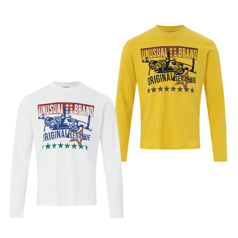 Men's Long-Sleeve Graphic T-Shirt with Fighter Jet Print – Relaxed Crew Neck