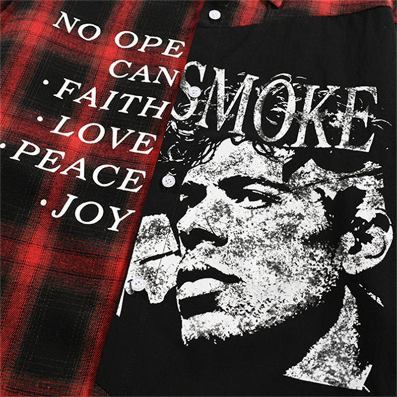 Plaid Patchwork Long Sleeve Shirt – Oversized Fit with Portrait Graphic Print