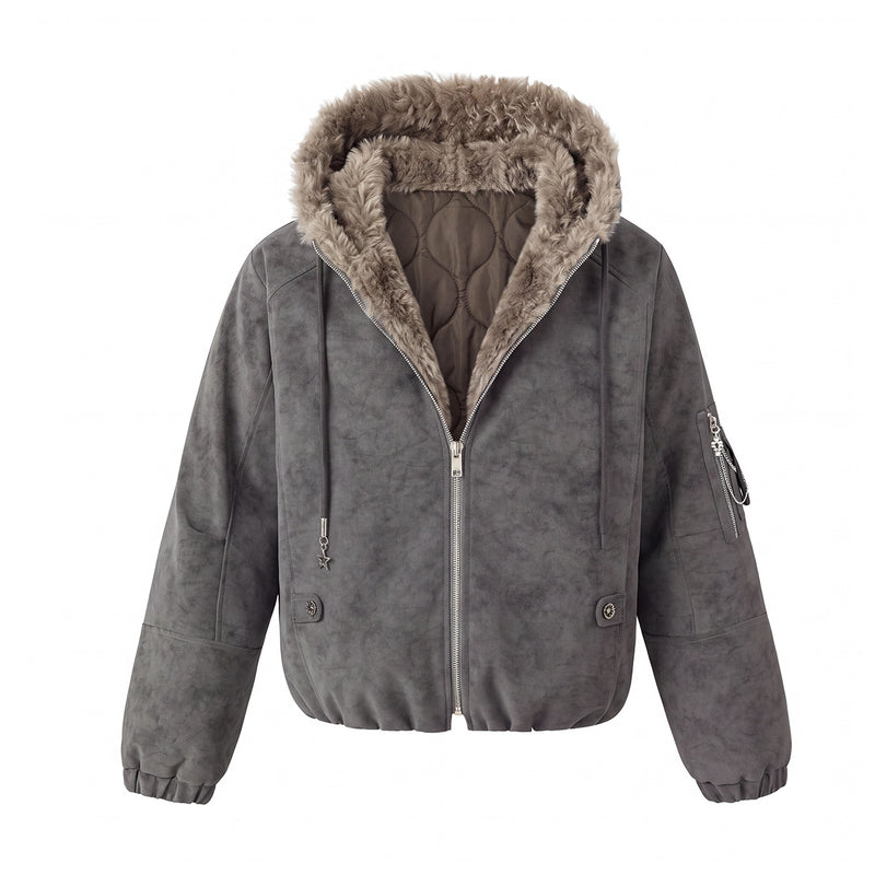 Veste bomber à capuche – Similicuir effet usé, col en fausse fourrure et garnissage matelassé