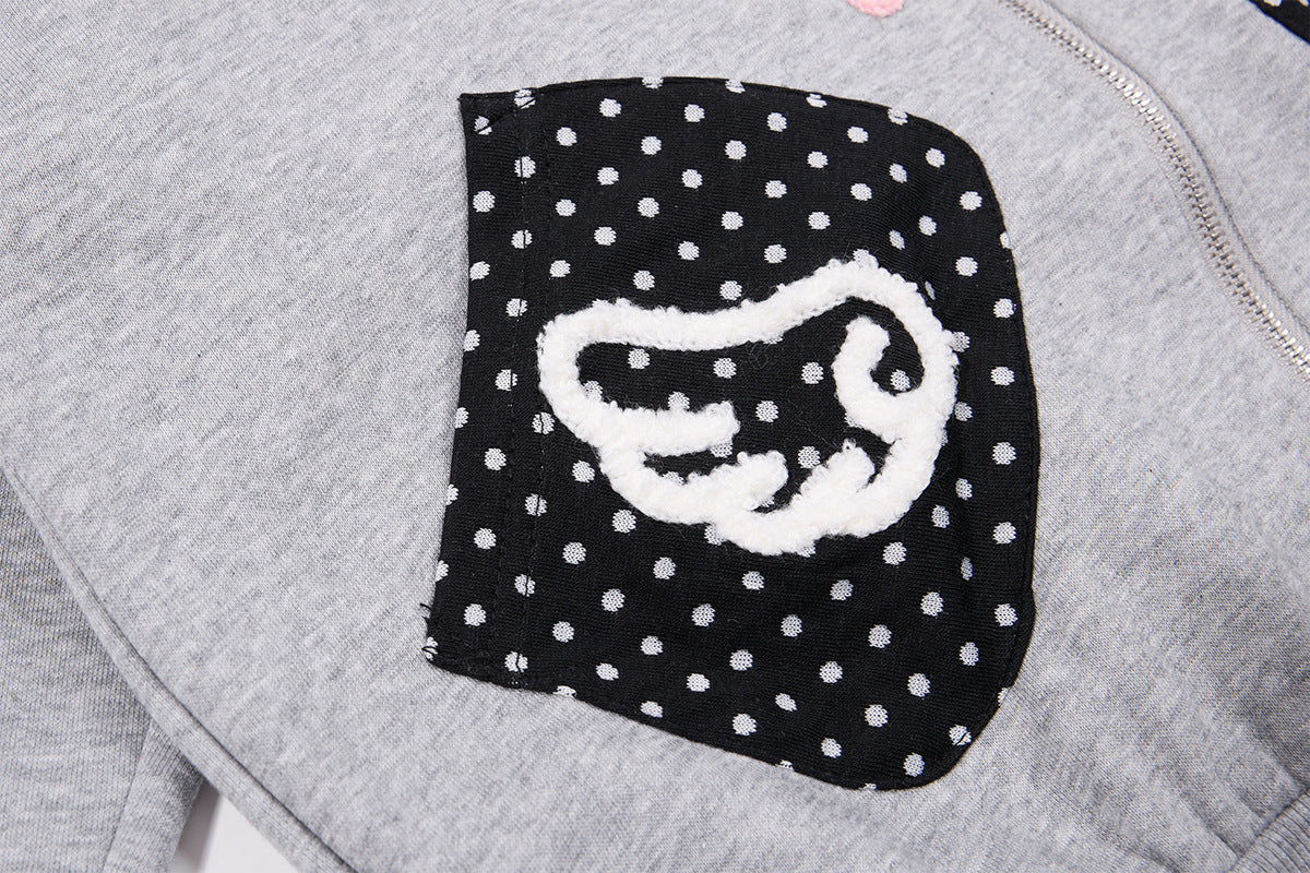 Sweat zippé gothique avec écusson chat brodé, ailes d’ange et capuche à oreilles de chat