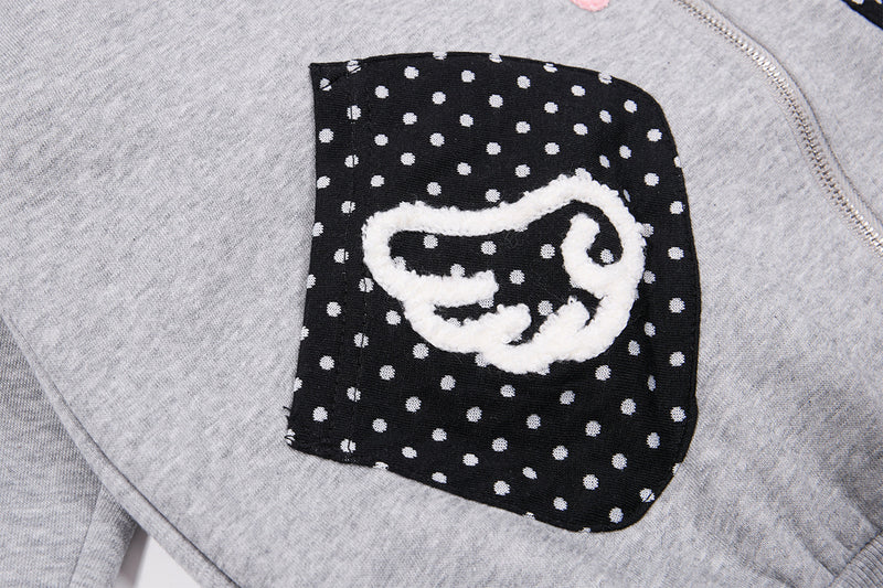 Sweat zippé gothique avec écusson chat brodé, ailes d’ange et capuche à oreilles de chat