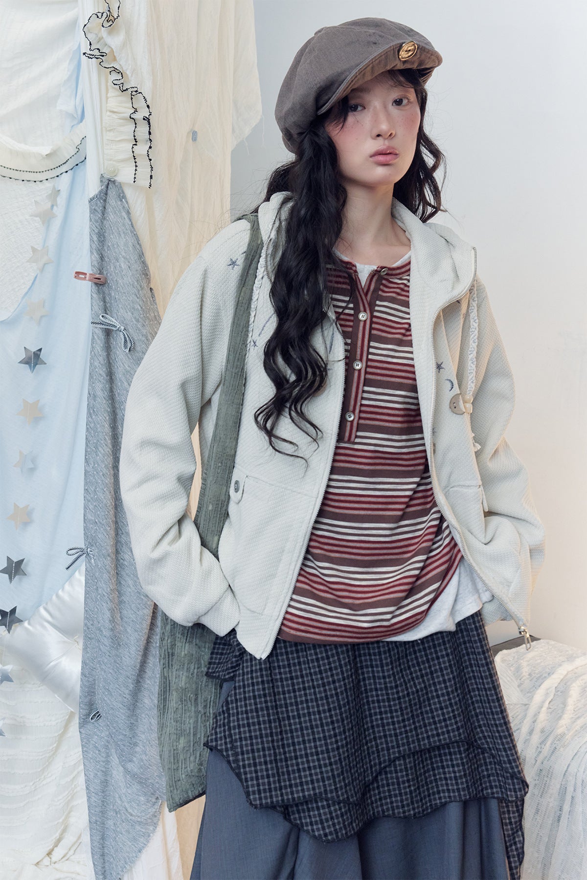 Celestial Moon & Star Embroidered Zip-Up Hoodie Jacket with Hanging Charms