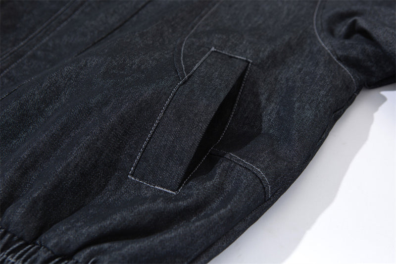 Mens Black Denim Jacket with Contrast Brown Collar & Dual Zip Closure