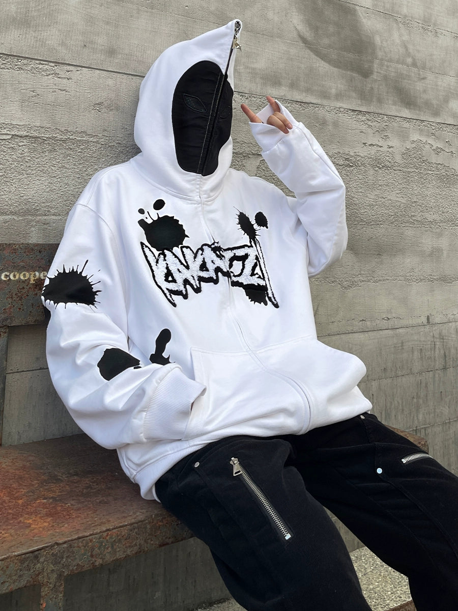 Monochrome Ink Splatter Hoodie - 400GSM Oversized White and Black Zip-Up Streetwear Sweatshirt