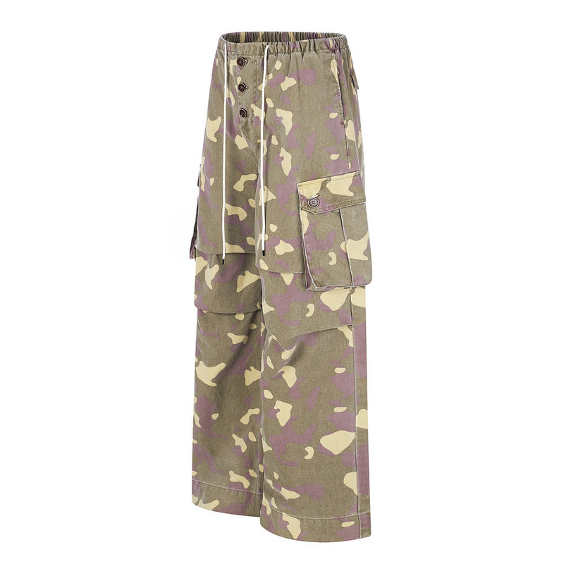 Camo Cargo Wide-Leg Pants – Vintage Washed, Multi-Pocket, Drawstring Waist