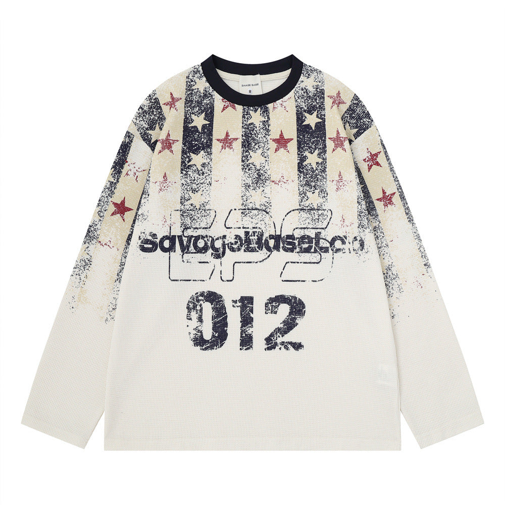 Long Sleeve Waffle-Knit Graphic Tee – Distressed Star & Stripe Print, Oversized